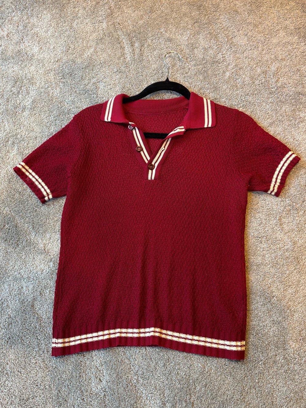 Vintage Red Knit Polo Top with Ivory Stripe Trim